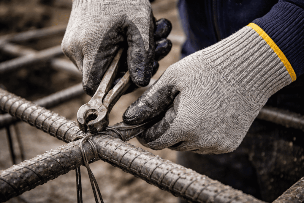 las manos de un trabajador con guantes resistentes a los cortes comprimidos